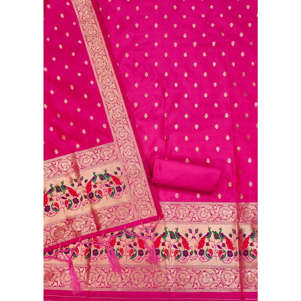 Women's Banarasi Silk Printed Unstitched Salwar Suit Material With Dupatta (Pink, 3Mtrs)