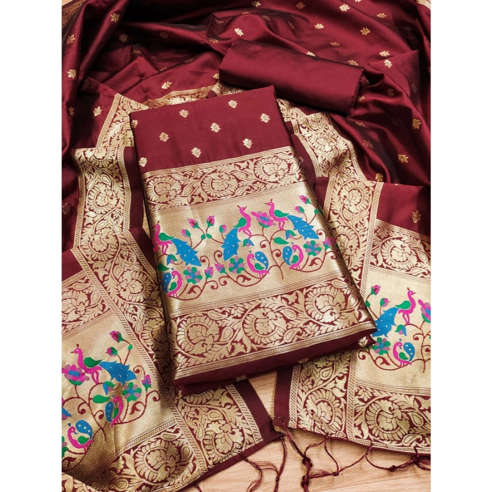 Women's Banarasi Silk Printed Unstitched Salwar Suit Material With Dupatta (Maroon, 3Mtrs)