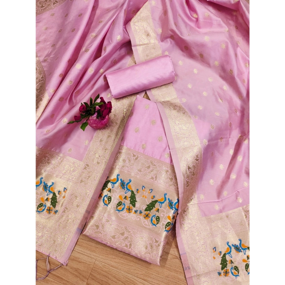 Women's Banarasi Silk Printed Unstitched Salwar Suit Material With Dupatta (Pink, 3Mtrs)