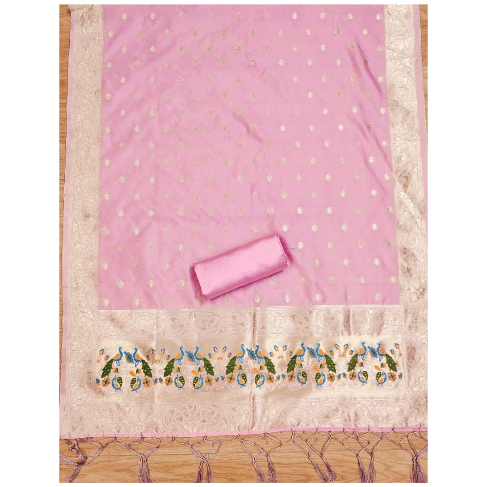 Women's Banarasi Silk Printed Unstitched Salwar Suit Material With Dupatta (Pink, 3Mtrs)