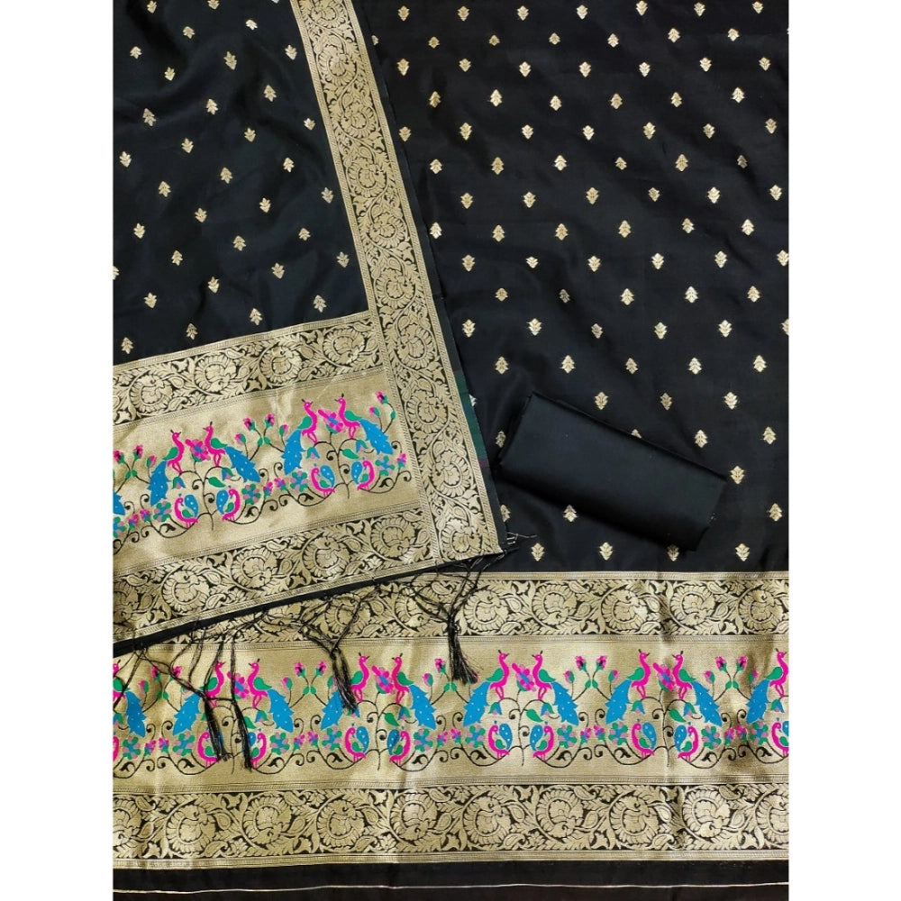 Women's Banarasi Silk Printed Unstitched Salwar Suit Material With Dupatta (Black, 3Mtrs)