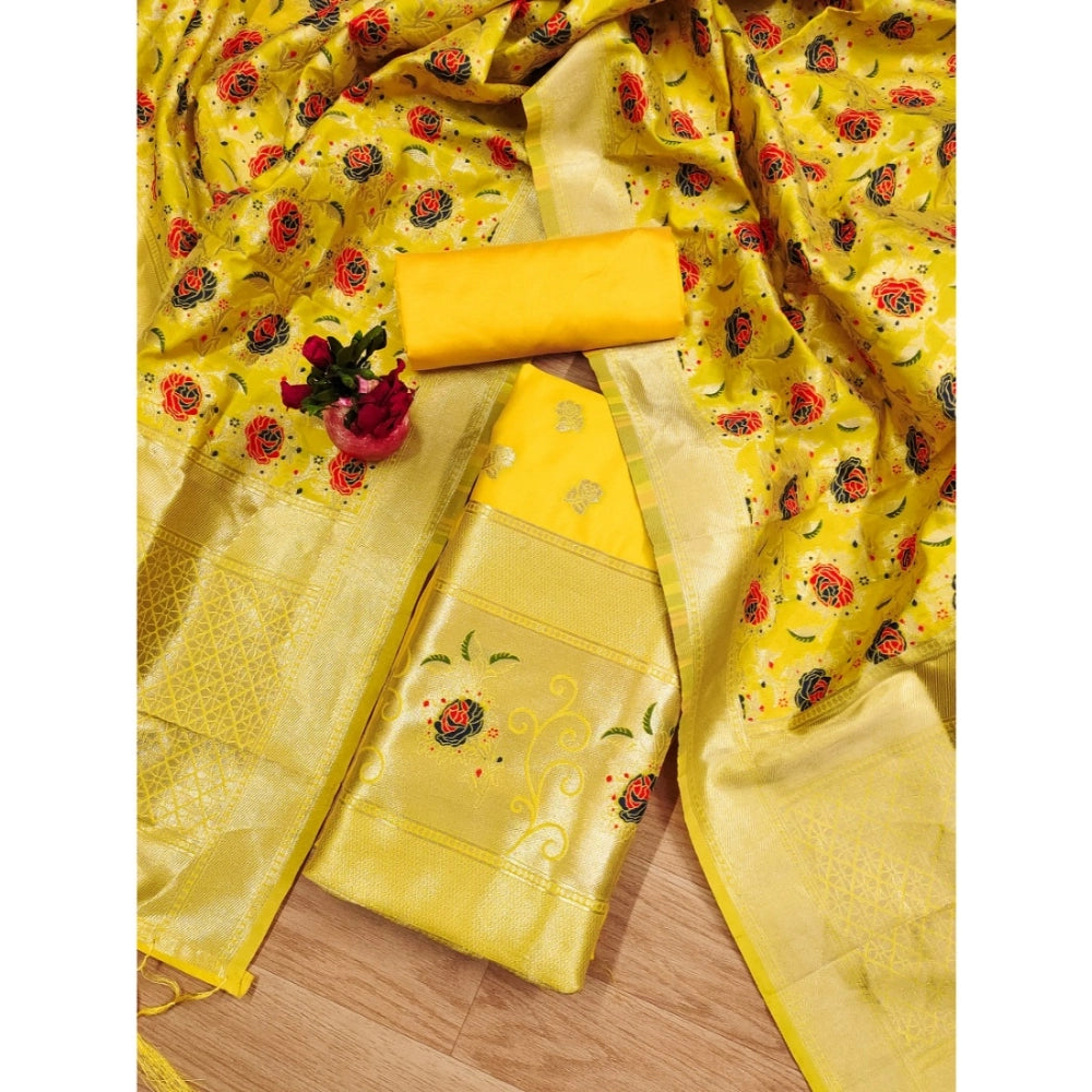 Women's Banarasi Silk Printed Unstitched Salwar Suit Material With Dupatta (Yellow, 3Mtrs)