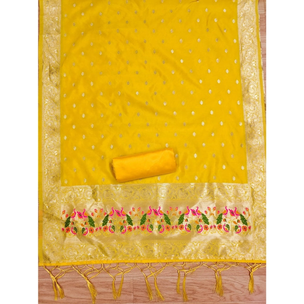 Women's Banarasi Silk Printed Unstitched Salwar Suit Material With Dupatta (Yellow, 3Mtrs)