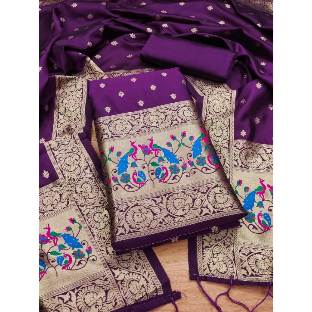 Women's Banarasi Silk Printed Unstitched Salwar Suit Material With Dupatta (Purple, 3Mtrs)