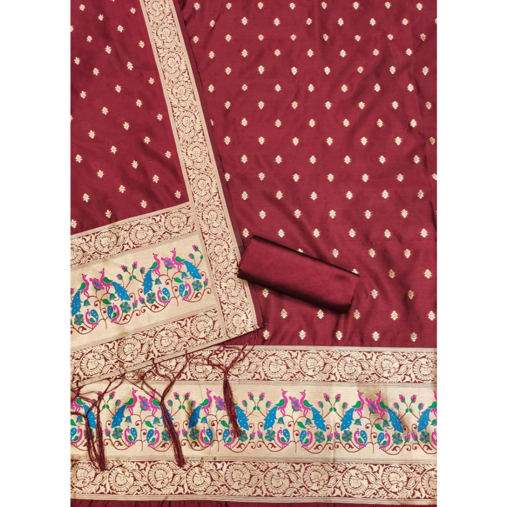 Women's Banarasi Silk Printed Unstitched Salwar Suit Material With Dupatta (Maroon, 3Mtrs)