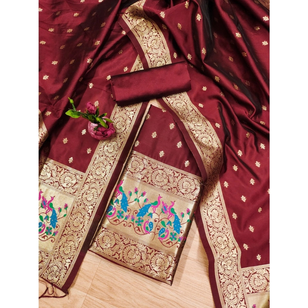 Women's Banarasi Silk Printed Unstitched Salwar Suit Material With Dupatta (Maroon, 3Mtrs)