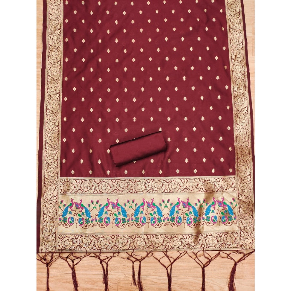 Women's Banarasi Silk Printed Unstitched Salwar Suit Material With Dupatta (Maroon, 3Mtrs)