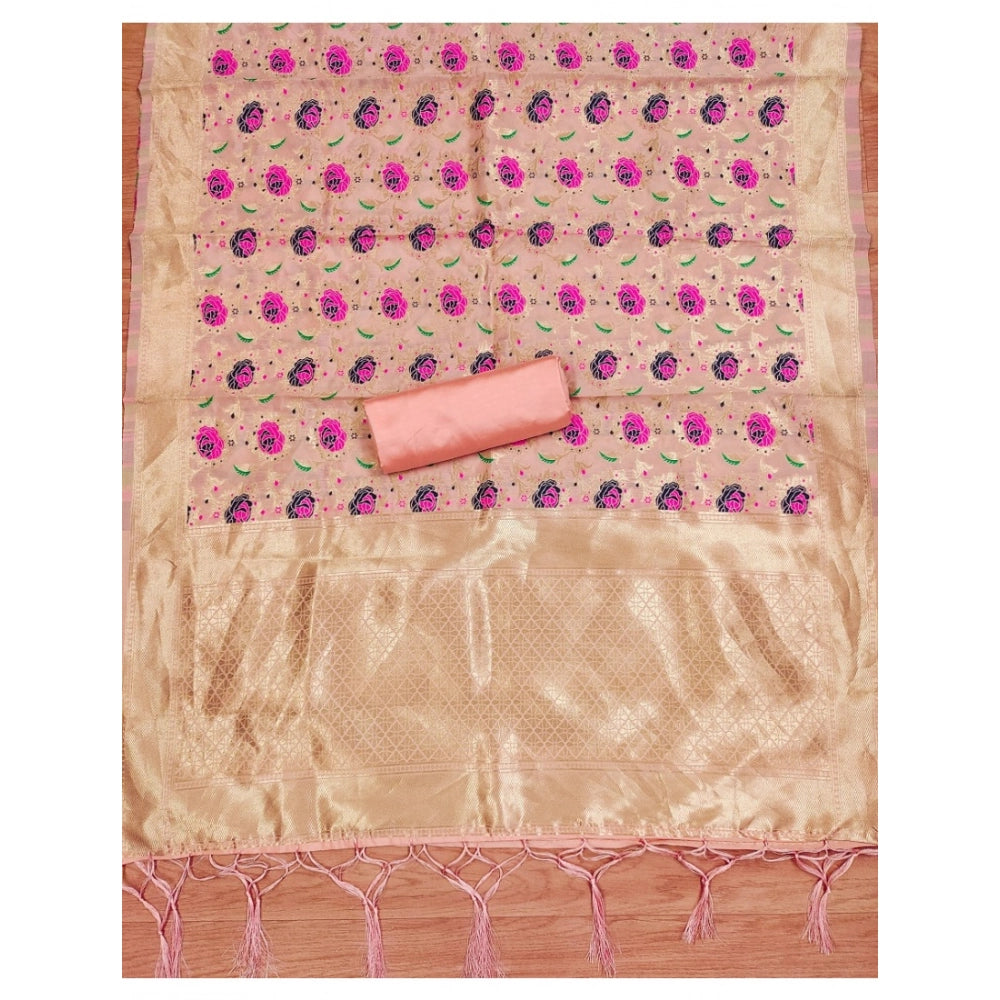 Women's Banarasi Silk Printed Unstitched Salwar Suit Material With Dupatta (Peach, 3Mtrs)