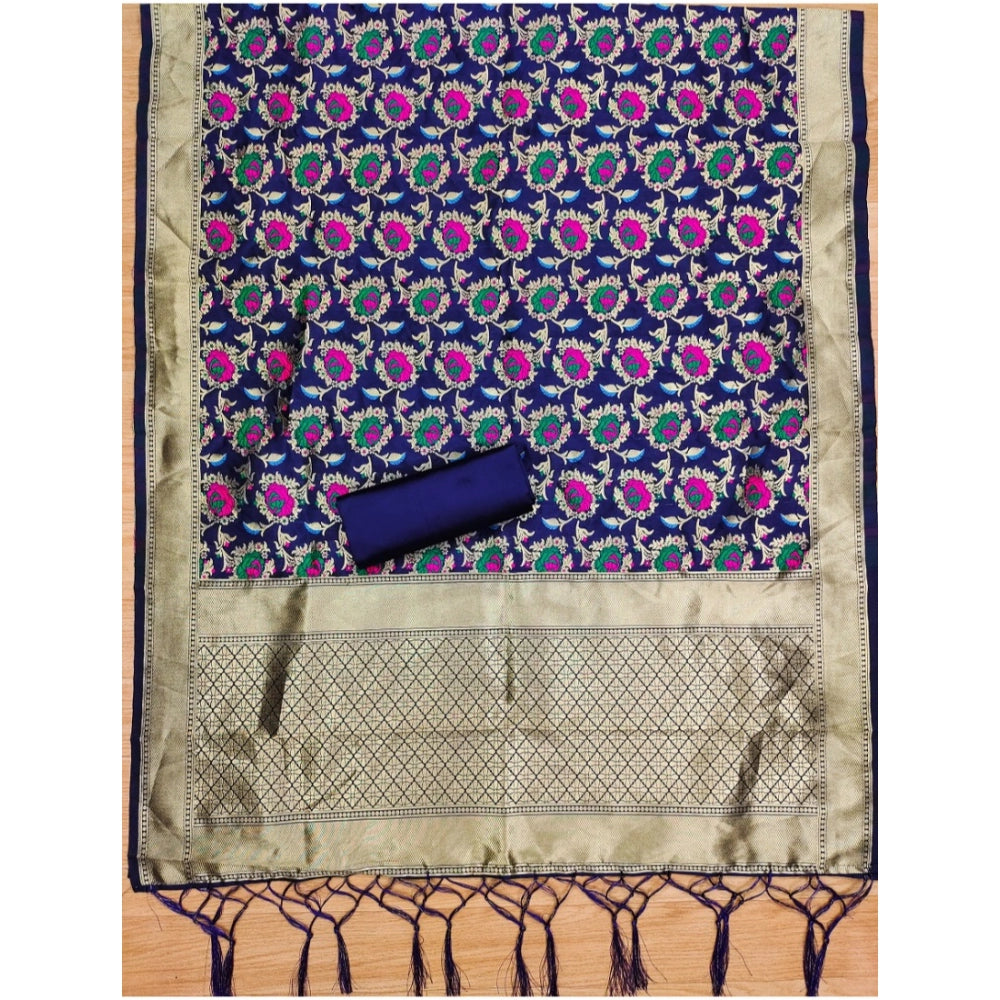 Women's Banarasi Silk Printed Unstitched Salwar Suit Material With Dupatta (Navy Blue, 3Mtrs)