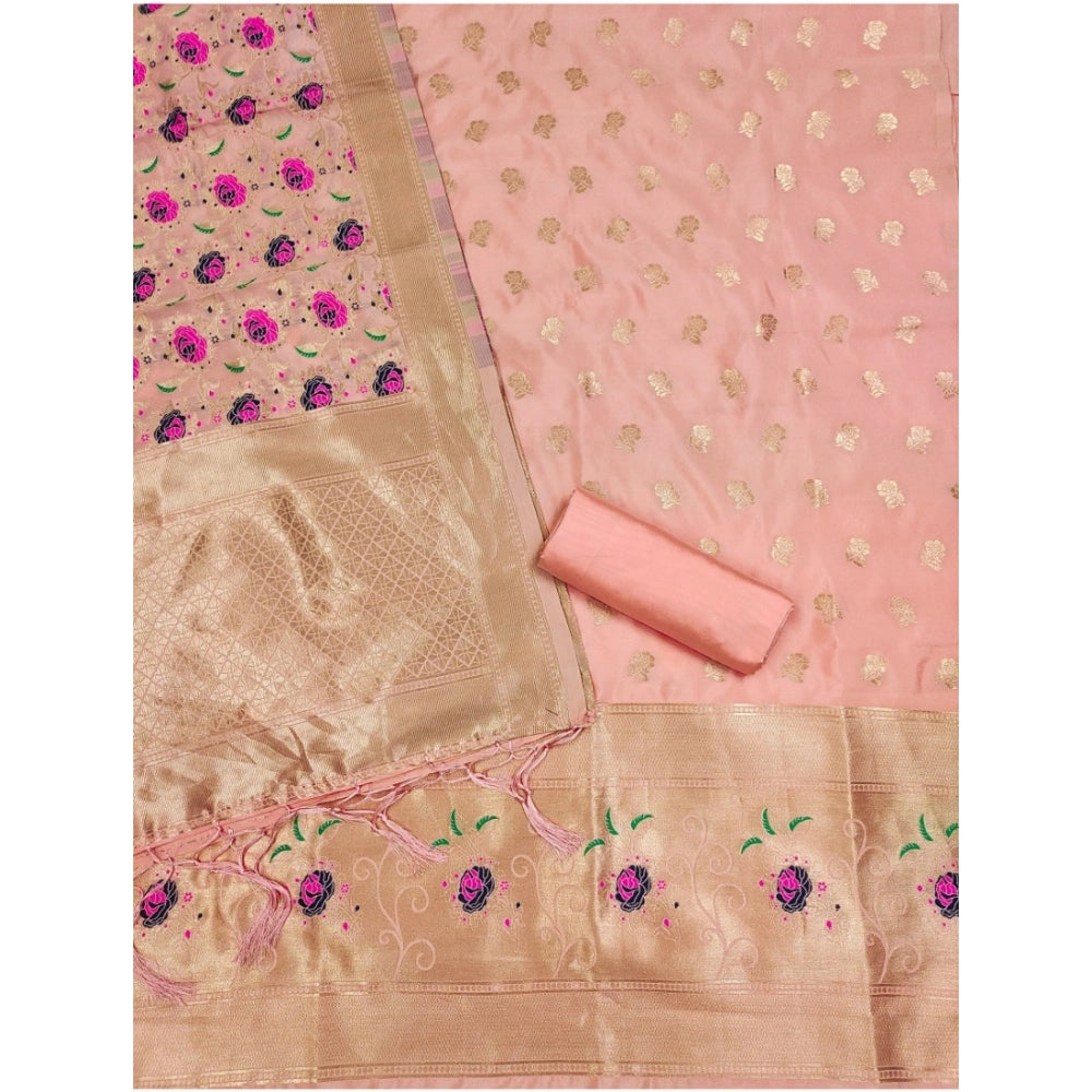 Women's Banarasi Silk Printed Unstitched Salwar Suit Material With Dupatta (Peach, 3Mtrs)