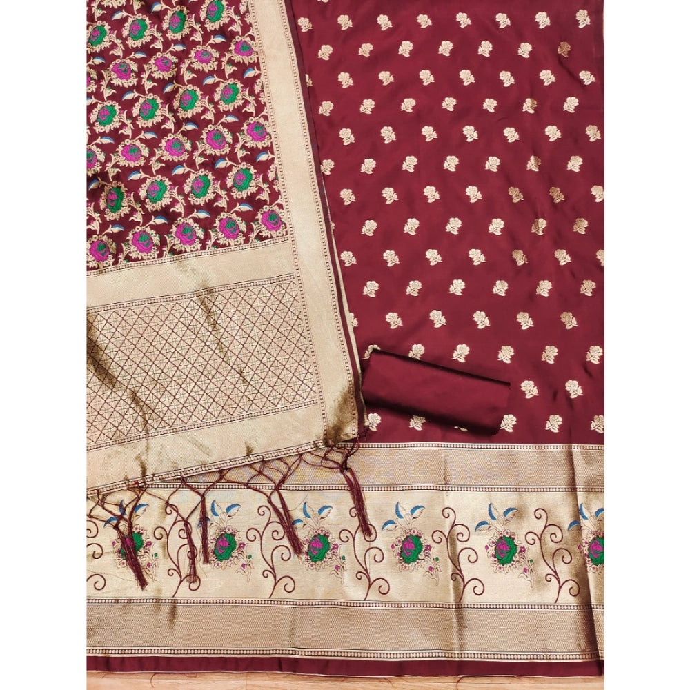 Women's Banarasi Silk Printed Unstitched Salwar Suit Material With Dupatta (Maroon, 3Mtrs)