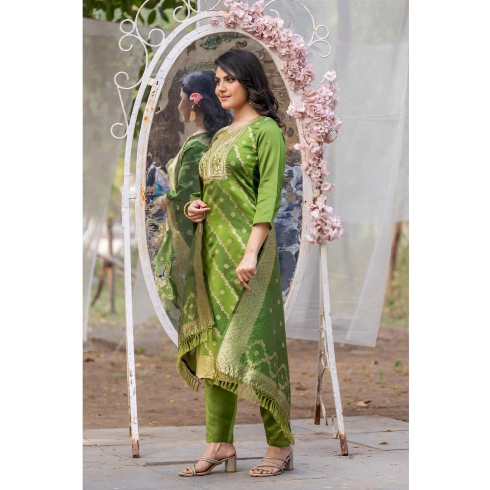 Women's Polyster Printed Round Neck Kurti with Pant and Dupatta Set (Green)