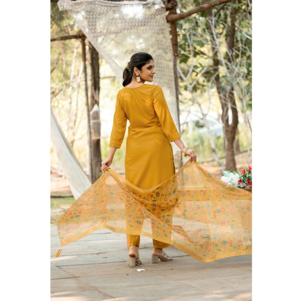 Women's Rayon Printed Round Neck Kurti with Pant and Dupatta Set (Mustard yellow)