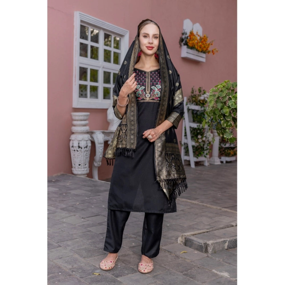 Women's Rayon Printed Round Neck Kurti with Pant and Dupatta Set (Black)