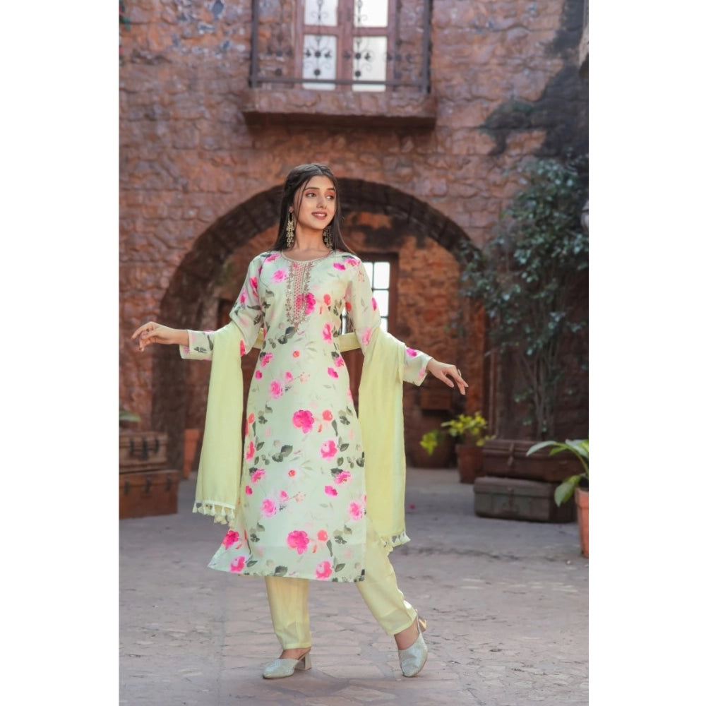 Women's Cotton Blend Printed Round Neck Kurti with Pant and Dupatta Set (Green)