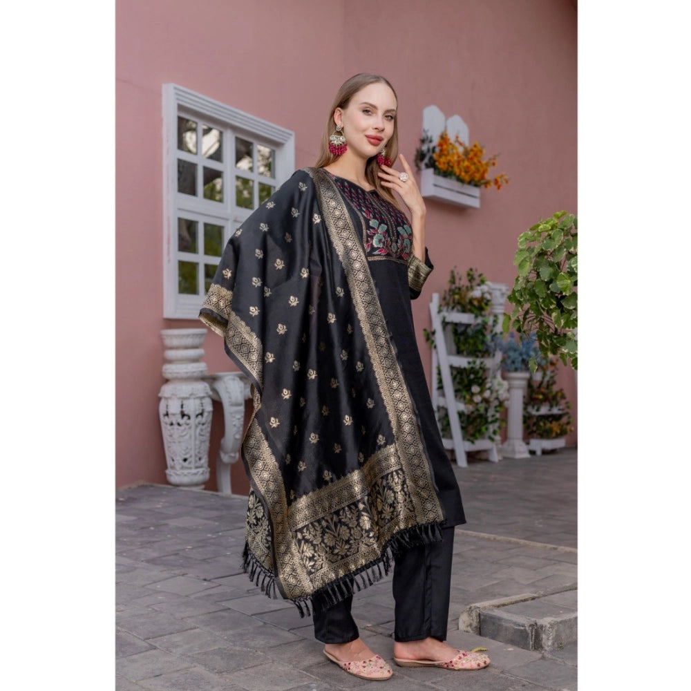 Women's Rayon Printed Round Neck Kurti with Pant and Dupatta Set (Black)