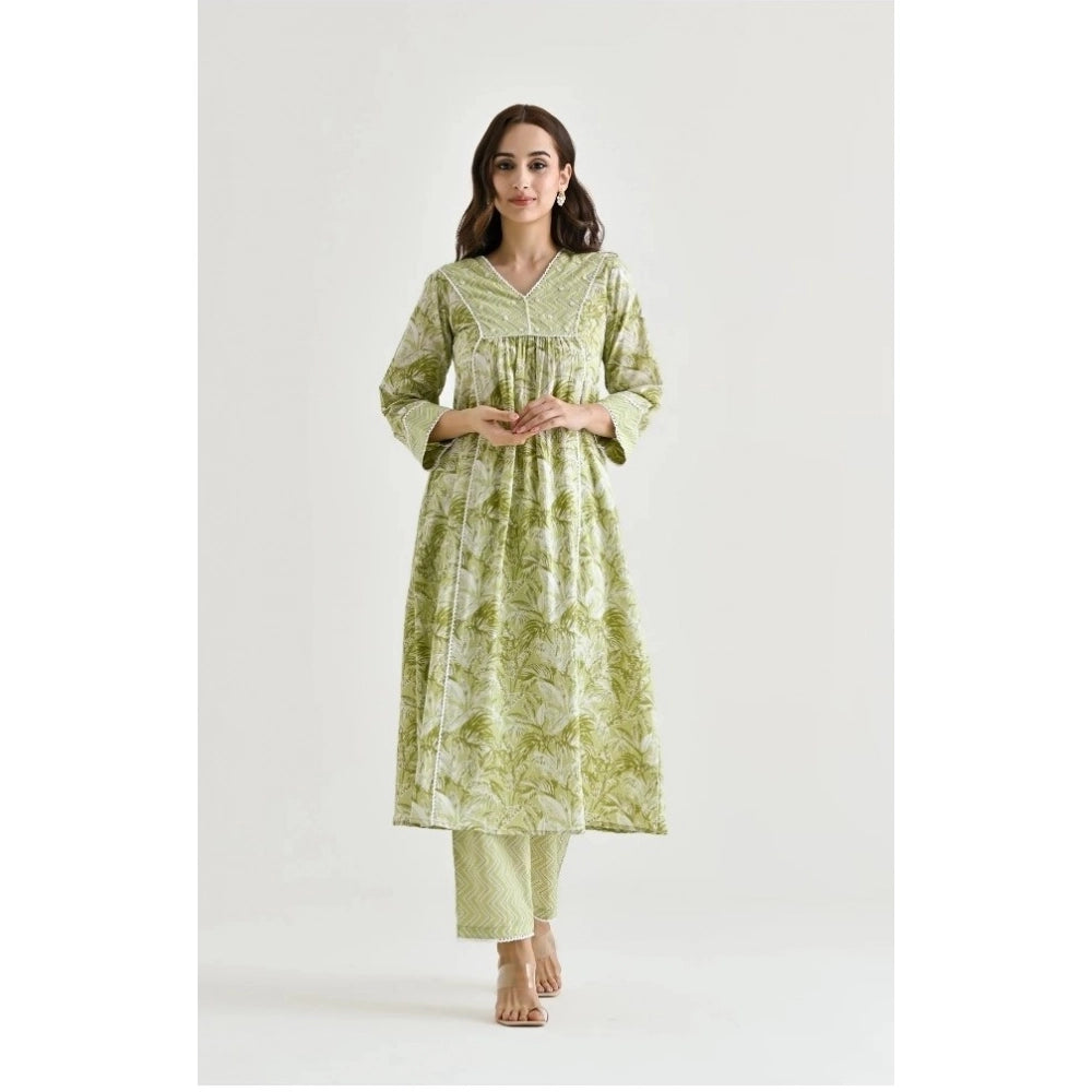 Women's Cotton Blend Printed V Neck Kurti with Pant Set (Green)