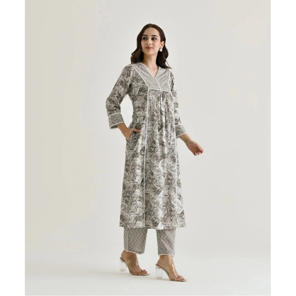 Women's Cotton Blend Printed V Neck Kurti with Pant Set (Grey)