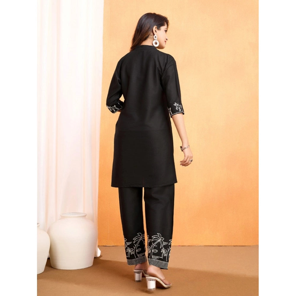 Women's Viscose Rayon Embroidered Chinese Collar Kurti with Pant Set (Black)