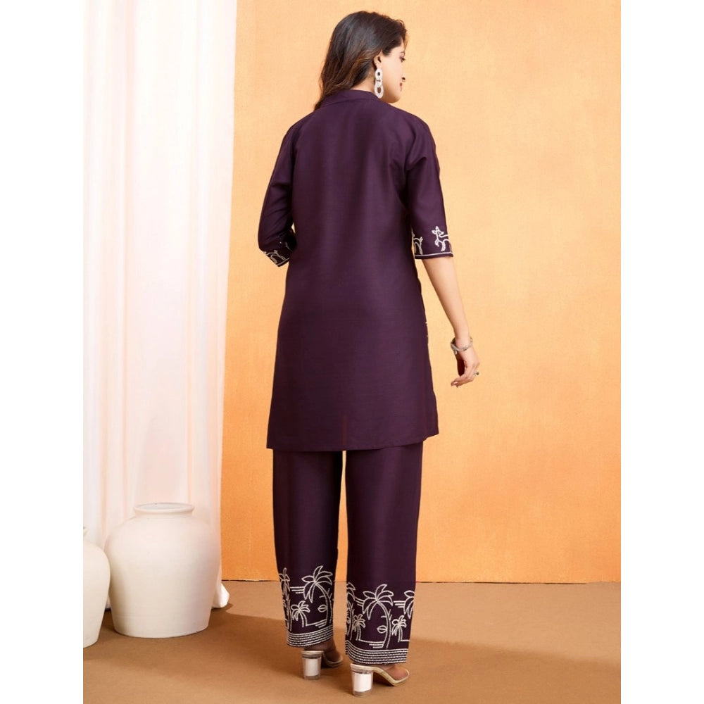 Women's Viscose Rayon Embroidered Chinese Collar Kurti with Pant Set (Wine)