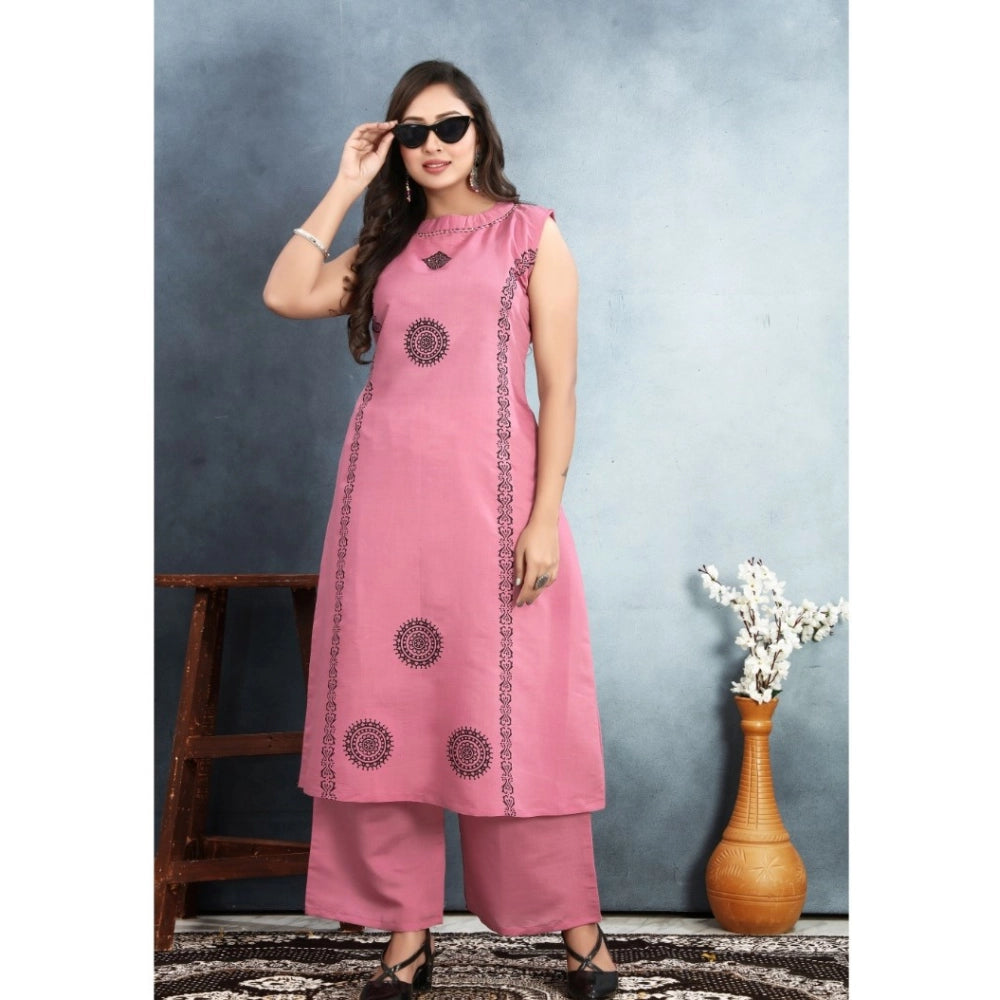 Women's Silk Printed Round Neck Kurti with Pant Set (Pink)