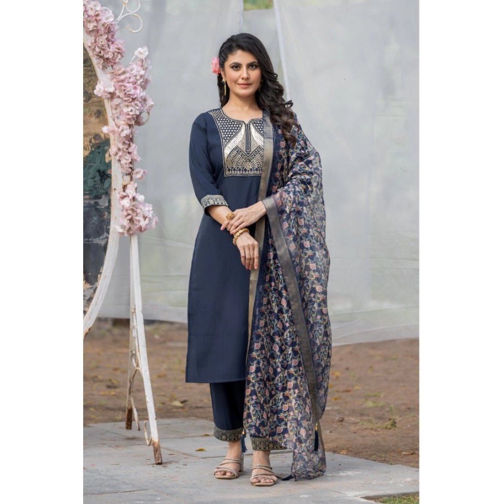 Women's Rayon Printed V Neck Kurti with Pant and Dupatta Set (Navy Blue)