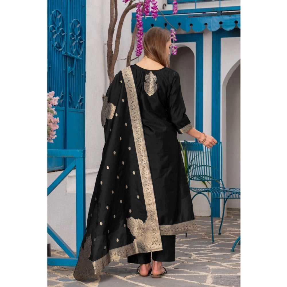 Women's Cotton Blend Printed Round Neck Kurti with Pant and Dupatta Set (Black)