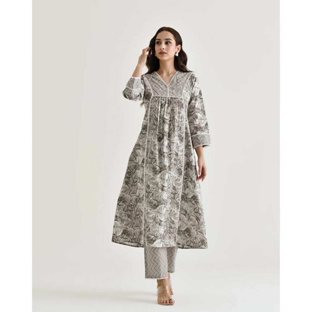 Women's Cotton Blend Printed V Neck Kurti with Pant Set (Grey)