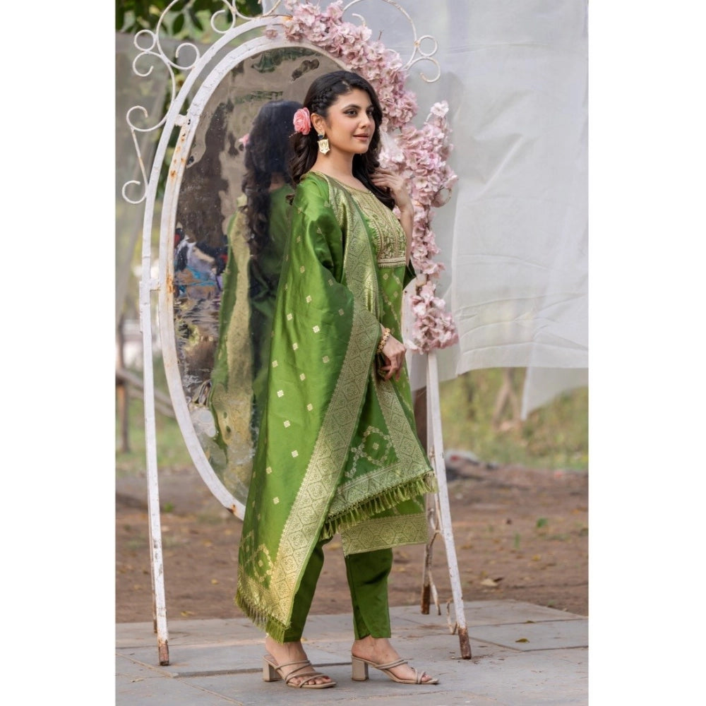 Women's Polyster Printed Round Neck Kurti with Pant and Dupatta Set (Green)