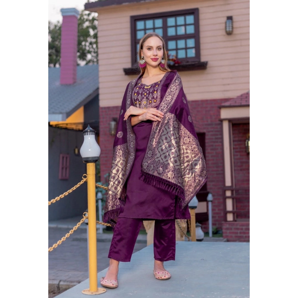 Women's Cotton Blend Printed Round Neck Kurti with Pant and Dupatta Set (Purple)