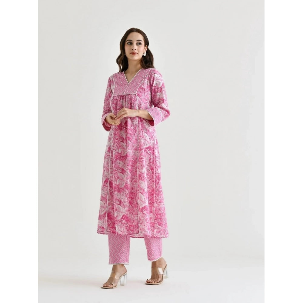 Women's Cotton Blend Printed V Neck Kurti with Pant Set (Pink)