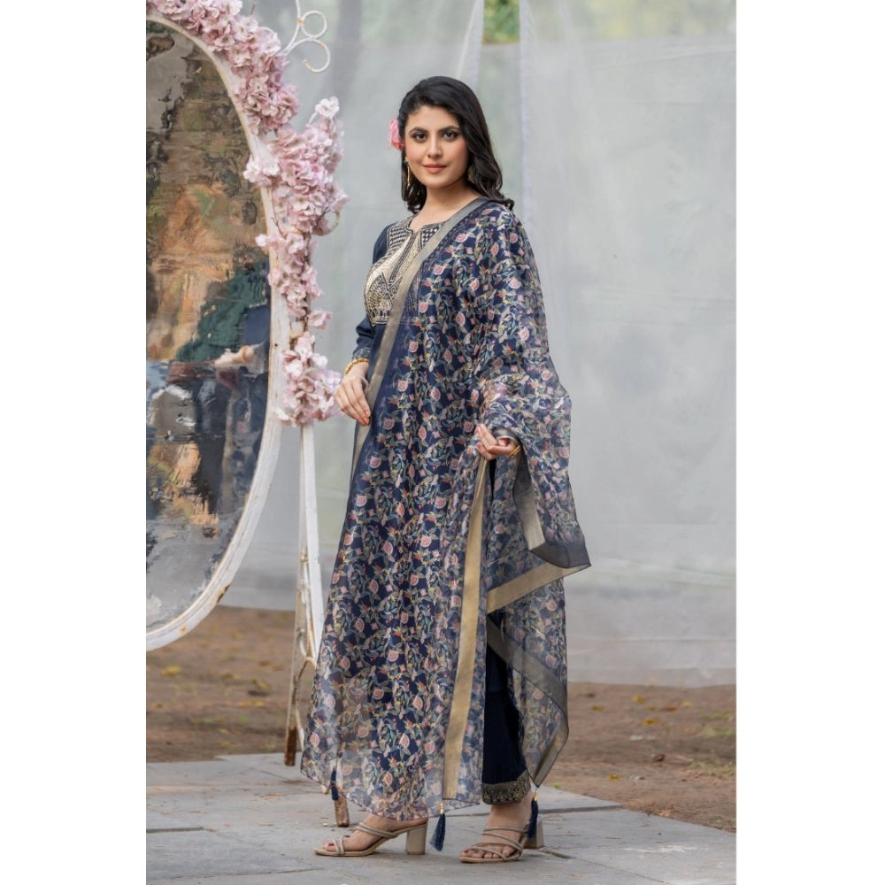 Women's Rayon Printed V Neck Kurti with Pant and Dupatta Set (Navy Blue)