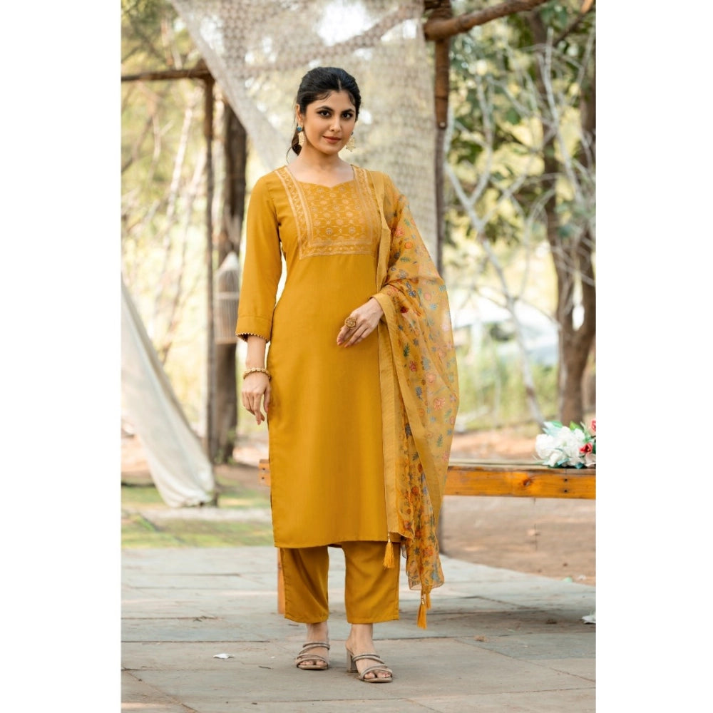 Women's Rayon Printed Round Neck Kurti with Pant and Dupatta Set (Mustard yellow)