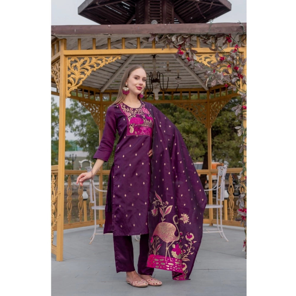 Women's Cotton Blend Printed Round Neck Kurti with Pant and Dupatta Set (Purple)