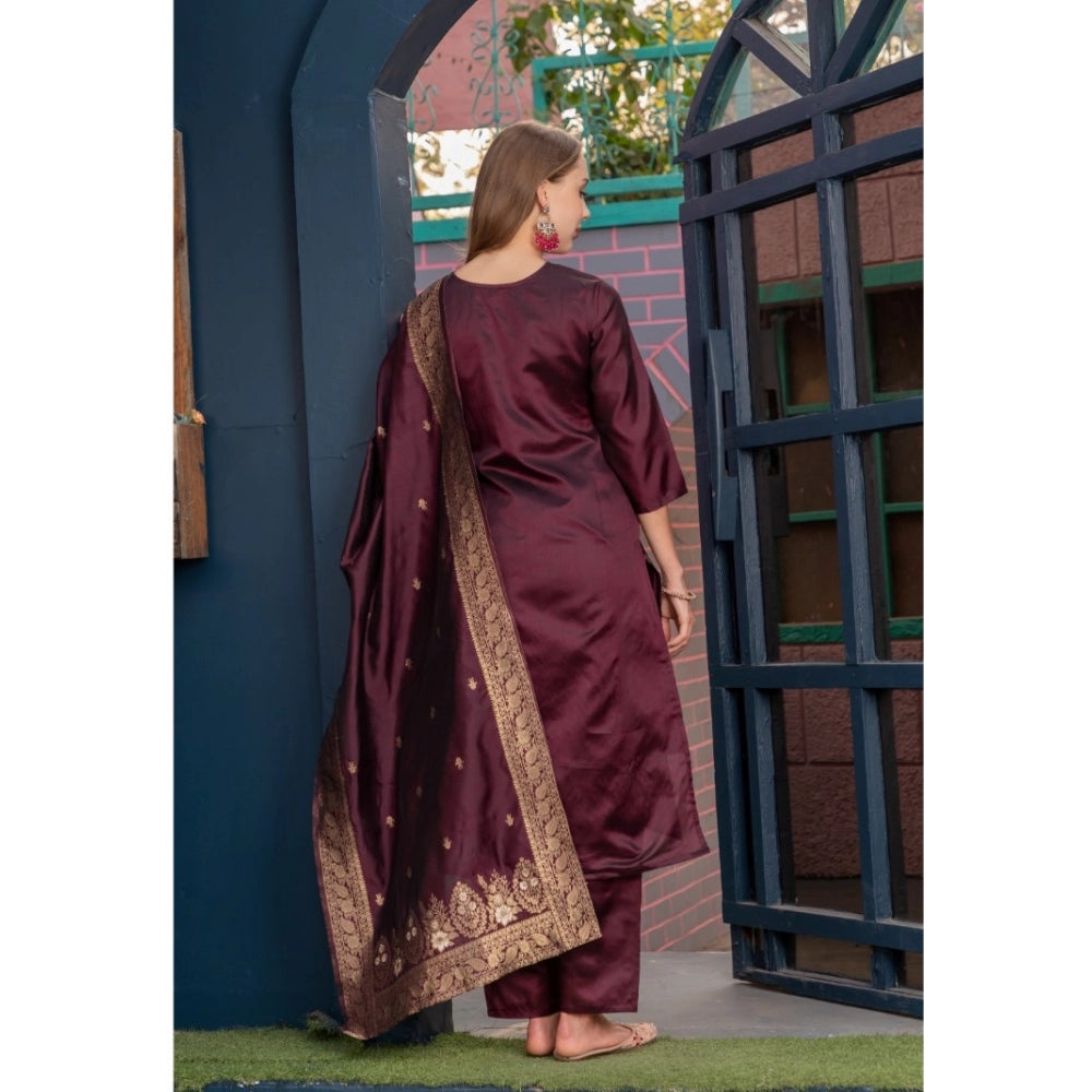 Women's Cotton Blend Printed Round Neck Kurti with Pant and Dupatta Set (Maroon)