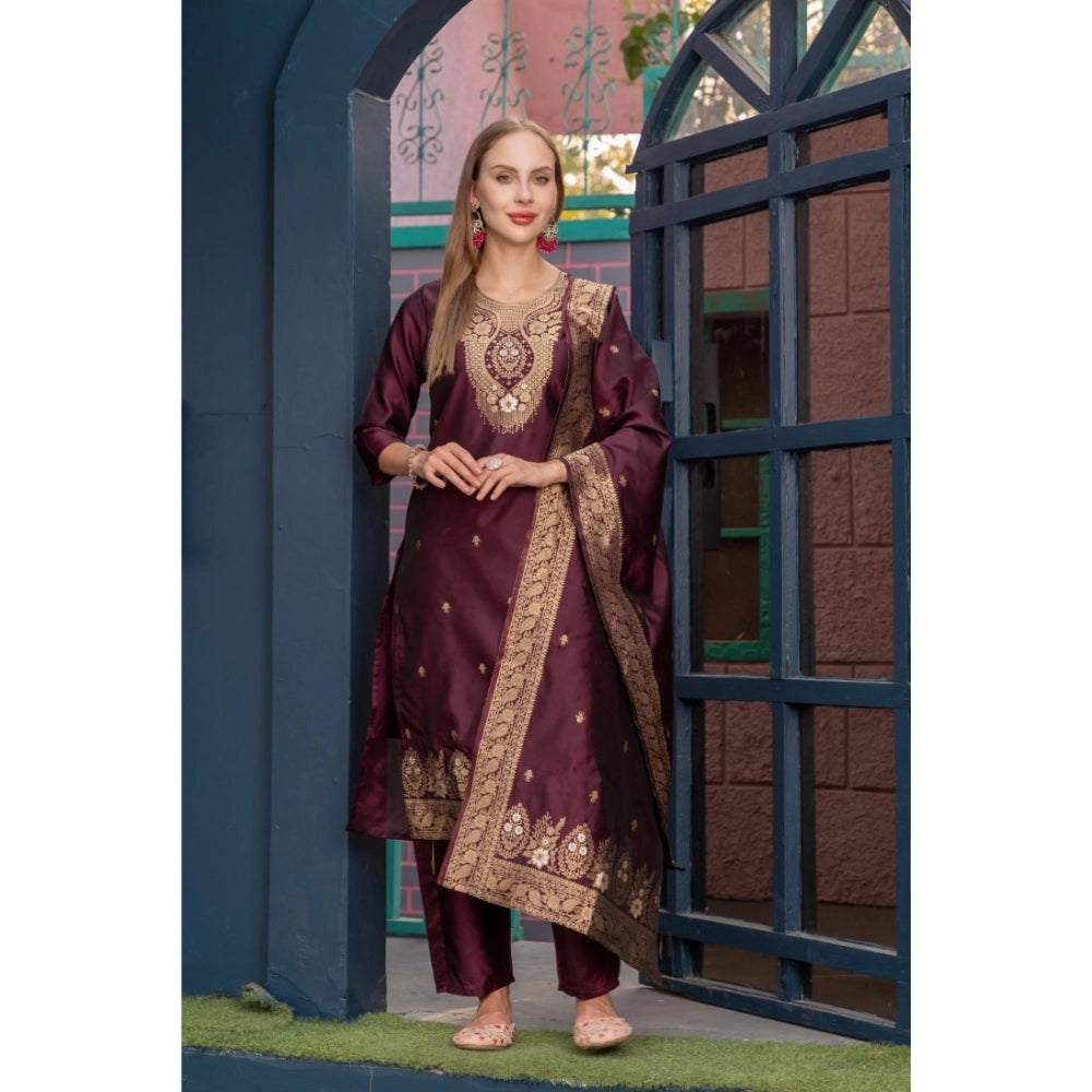 Women's Cotton Blend Printed Round Neck Kurti with Pant and Dupatta Set (Maroon)