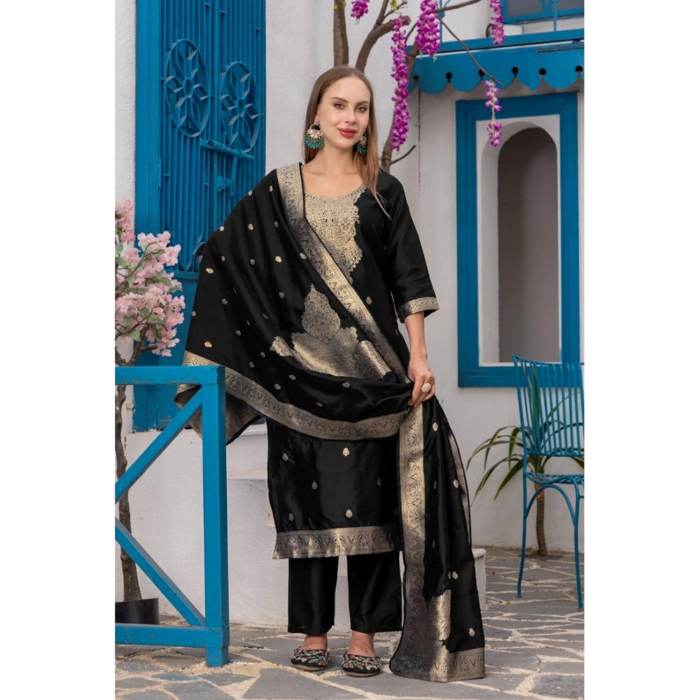 Women's Cotton Blend Printed Round Neck Kurti with Pant and Dupatta Set (Black)