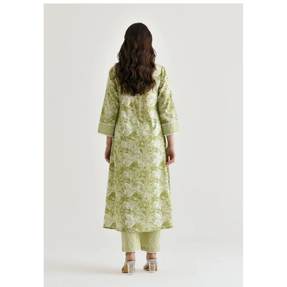 Women's Cotton Blend Printed V Neck Kurti with Pant Set (Green)