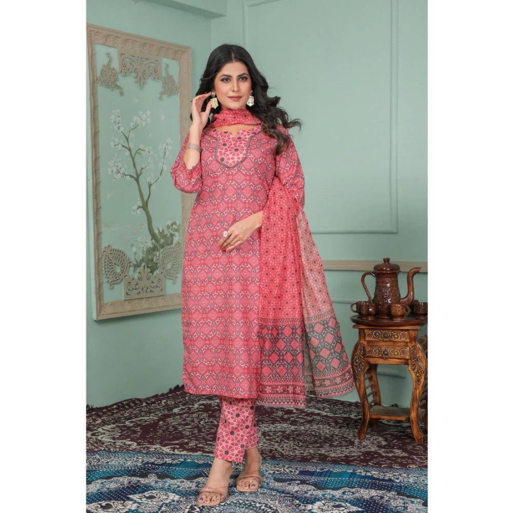 Women's Rayon Printed Round Neck Kurti with Pant and Dupatta Set (Pink)