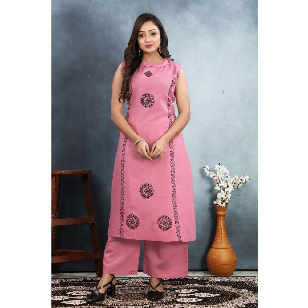 Women's Silk Printed Round Neck Kurti with Pant Set (Pink)