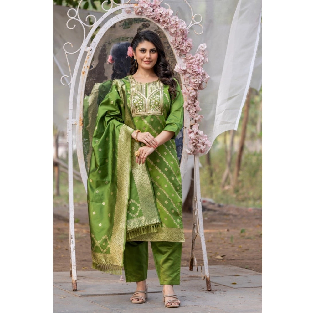 Women's Polyster Printed Round Neck Kurti with Pant and Dupatta Set (Green)