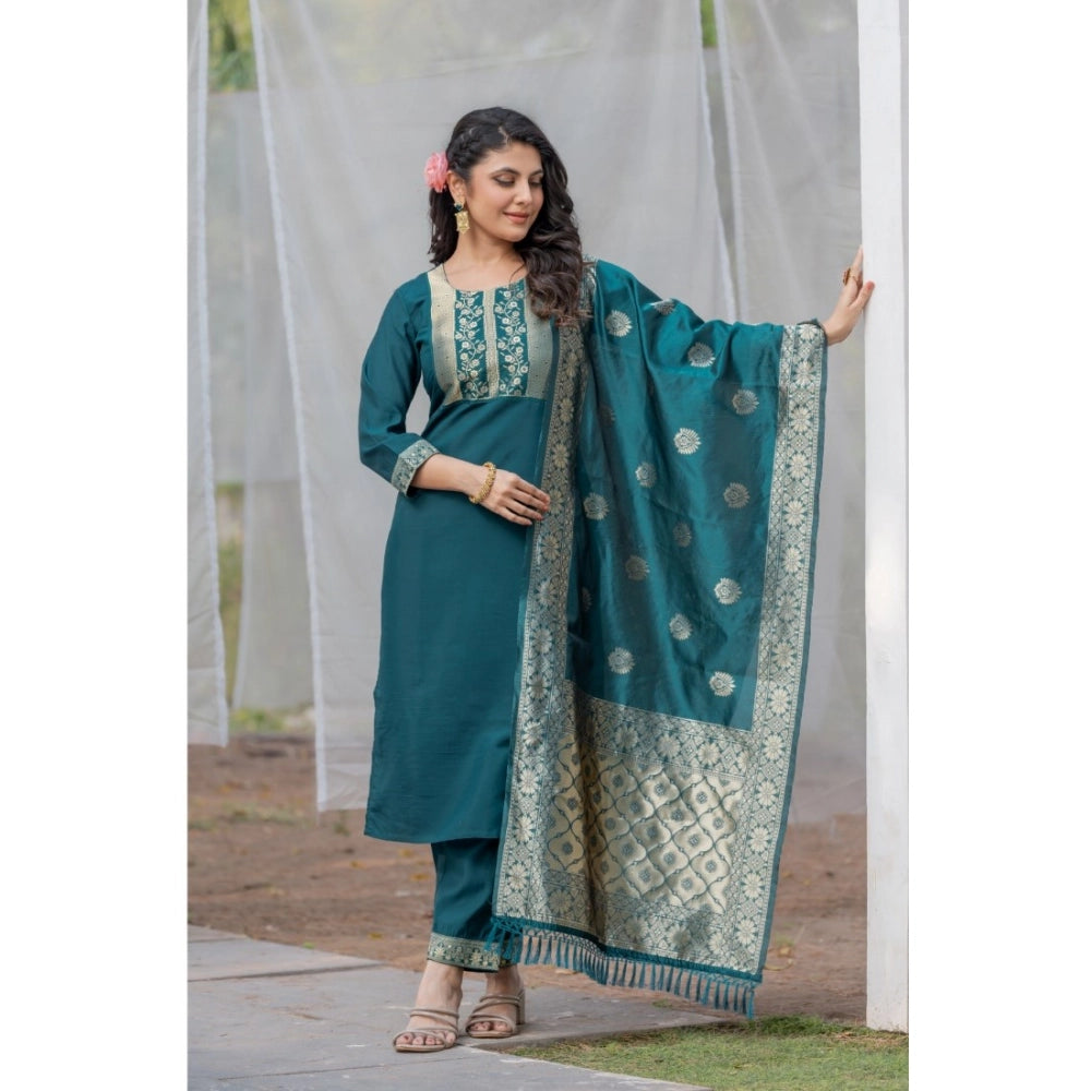 Women's Rayon Printed Round Neck Kurti with Pant and Dupatta Set (Green)