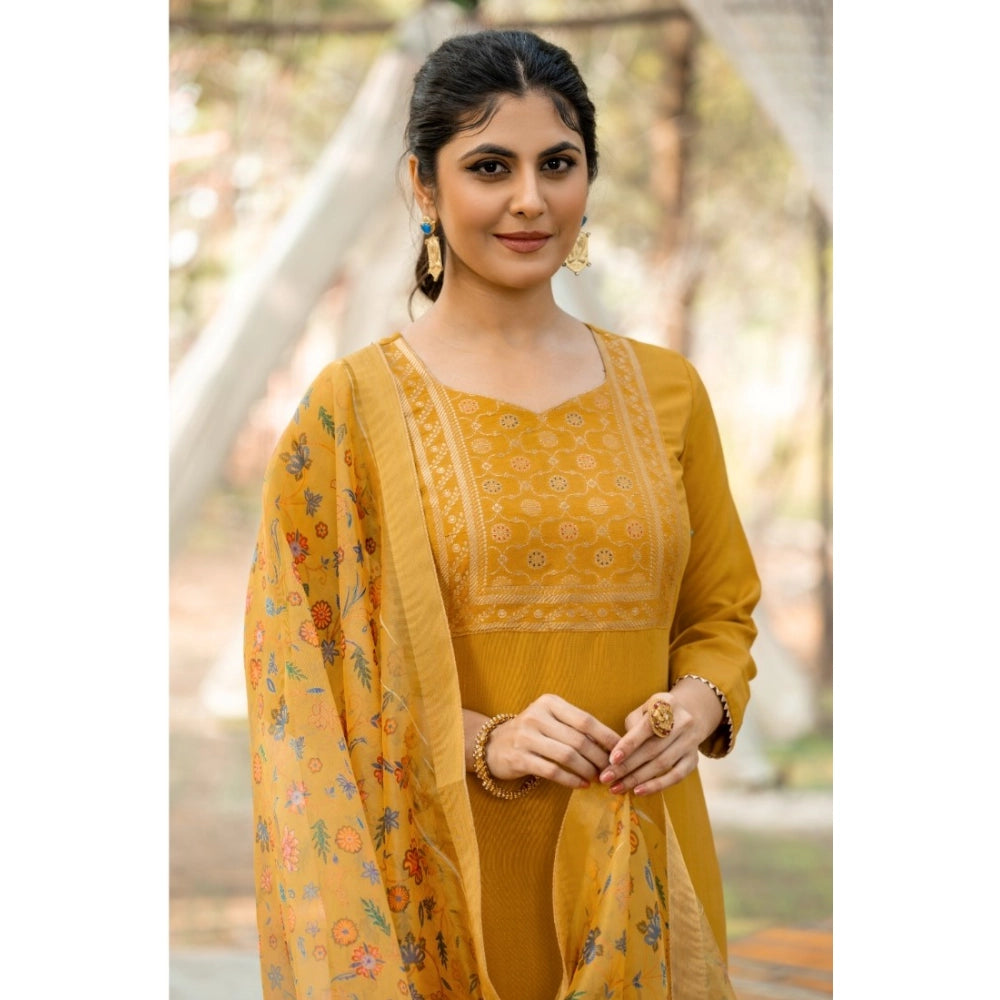 Women's Rayon Printed Round Neck Kurti with Pant and Dupatta Set (Mustard yellow)