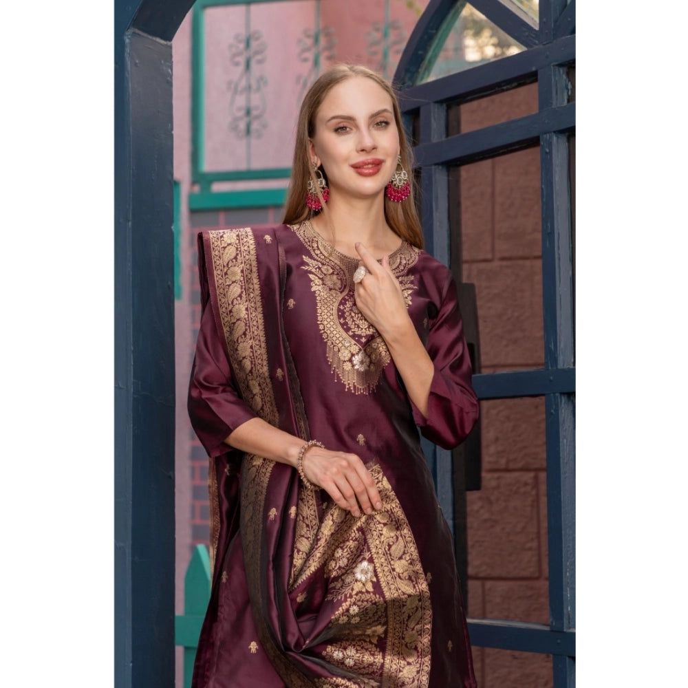 Women's Cotton Blend Printed Round Neck Kurti with Pant and Dupatta Set (Maroon)