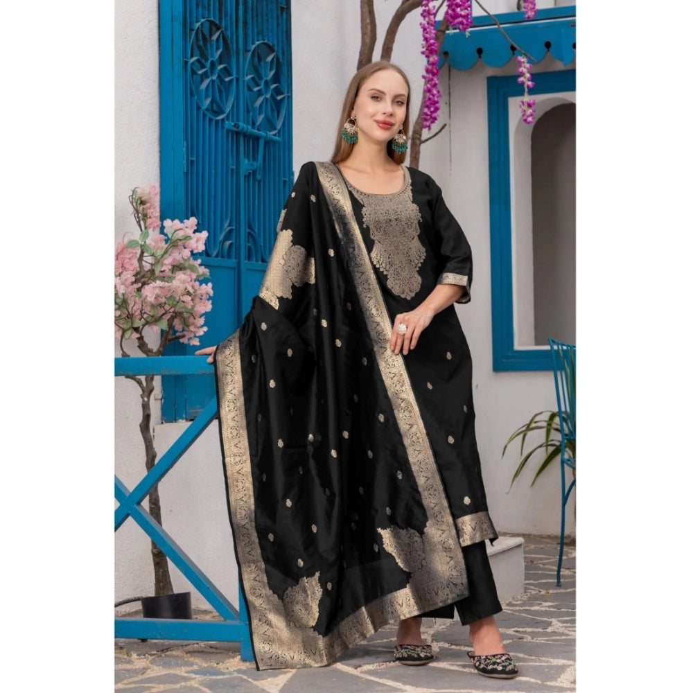 Women's Cotton Blend Printed Round Neck Kurti with Pant and Dupatta Set (Black)