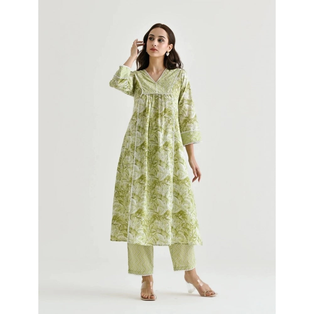 Women's Cotton Blend Printed V Neck Kurti with Pant Set (Green)