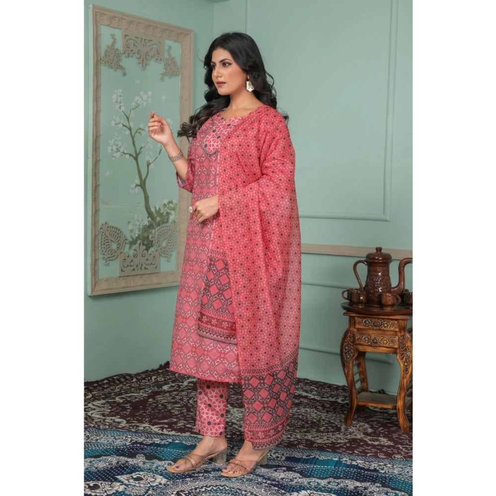 Women's Rayon Printed Round Neck Kurti with Pant and Dupatta Set (Pink)