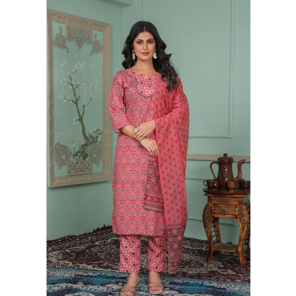 Women's Rayon Printed Round Neck Kurti with Pant and Dupatta Set (Pink)