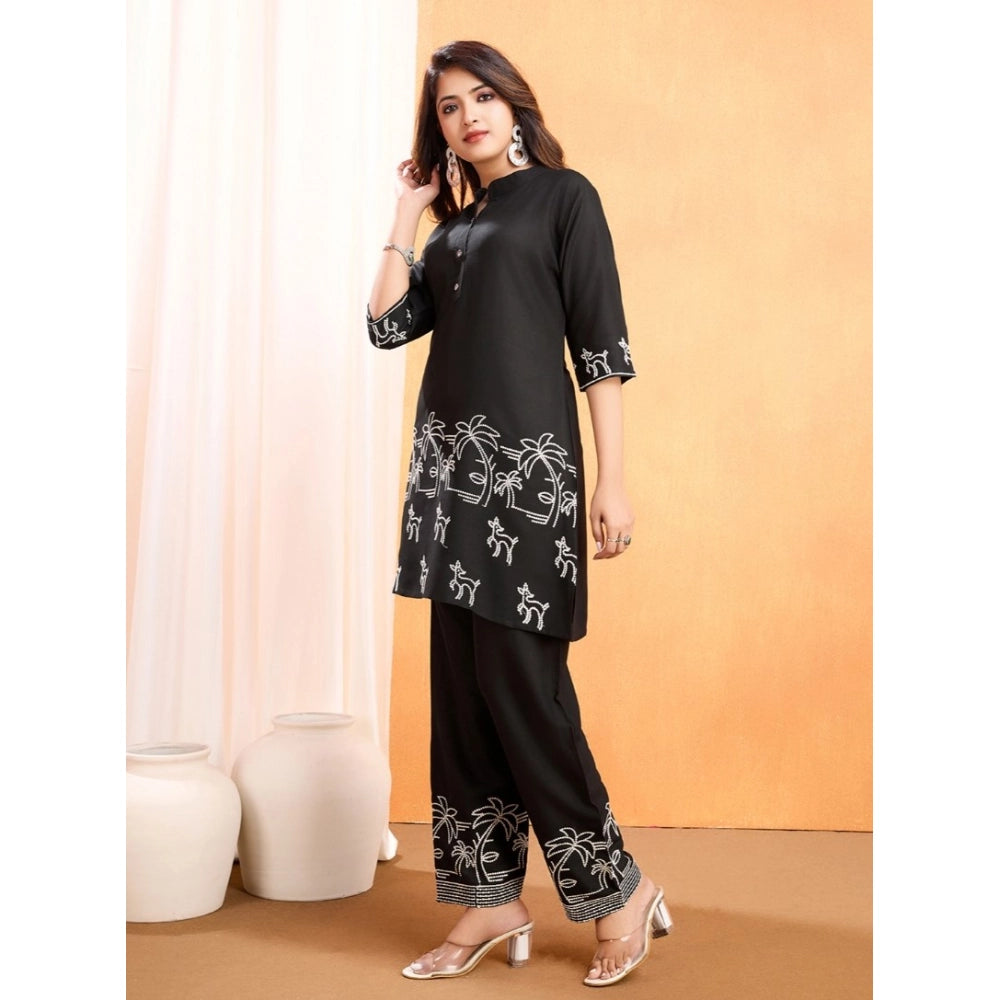 Women's Viscose Rayon Embroidered Chinese Collar Kurti with Pant Set (Black)