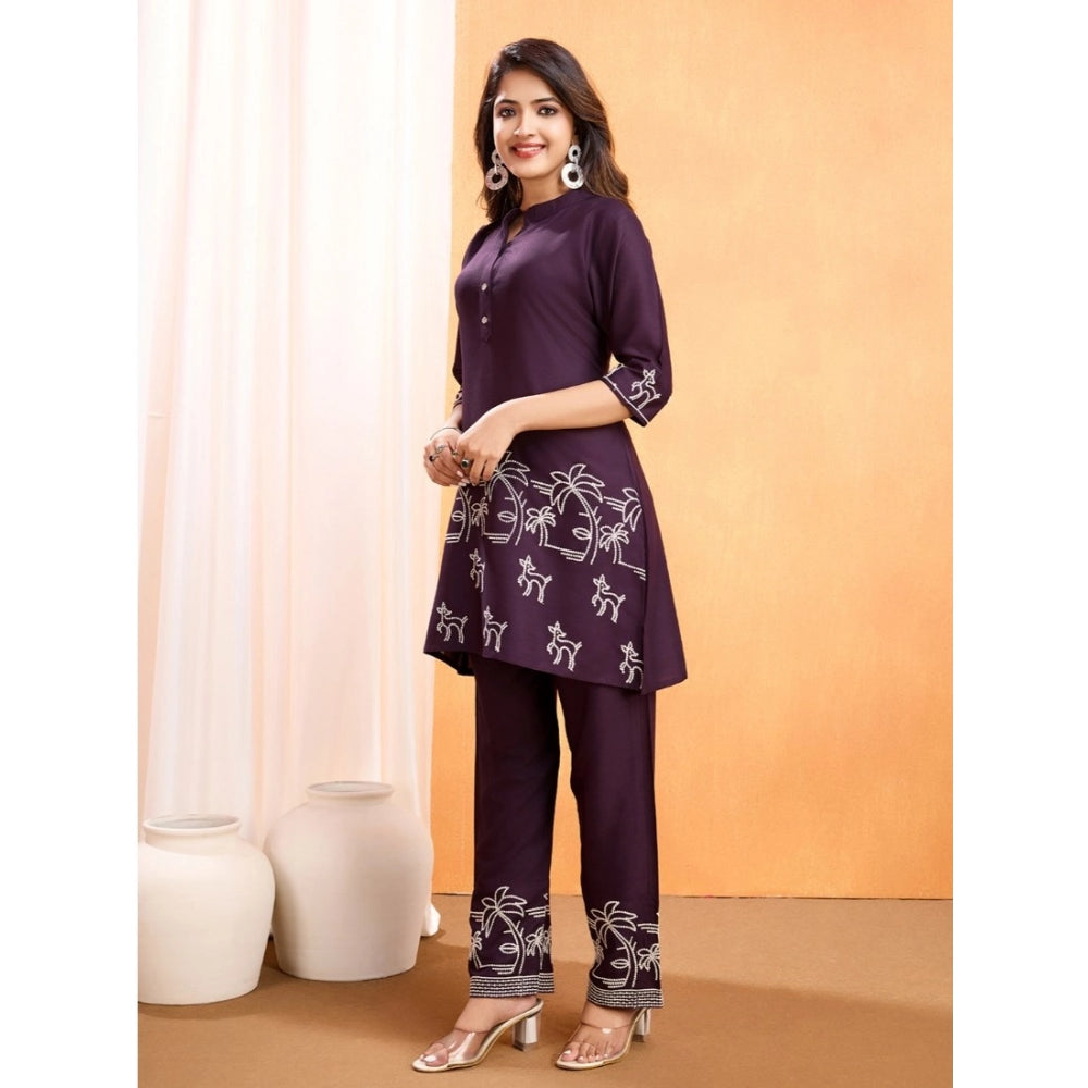 Women's Viscose Rayon Embroidered Chinese Collar Kurti with Pant Set (Wine)